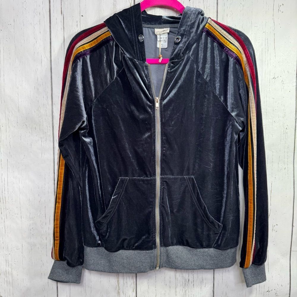 Natural Life Velour Zip Hoodie Black Rainbow Stripe Boho Retro Track Cozycore